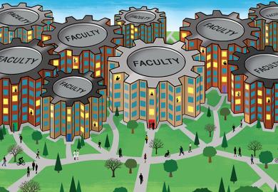 Illustration of a university with different faculties represented by cogs