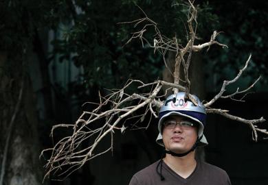 Man wears helmet with branches attached