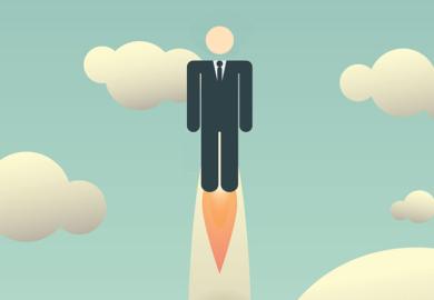 Man in suit flying in sky (social mobility)
