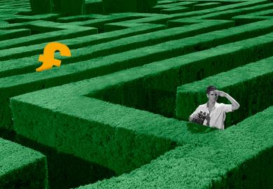 Man searching for money in a maze, as an illustration of the difficulties involved in securing funding through the Research Excellence Framework.