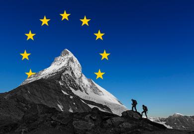 Climbers walk towards the Matterhorn mountain in Switzerland, with superimposed stars from the EU flag. To illustrate Switzerland joining Horizon Europe.
