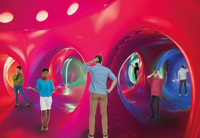 Montage of people looking puzzled at the various entrances inside an inflatable Luminaria creation