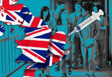 Montage of medical students, with a syringe being stuck in to a map of the UK. To illustrate that regional universities are vital to solving the NHS staffing crisis. 