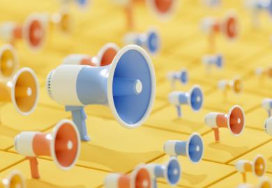 A large megaphone and small megaphones all pointing the same way, illustrating the risk that institutional positions impose conformity