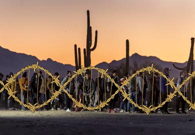 Immigrants line up at a remote U.S. Border Patrol processing centre after crossing the U.S.-Mexico border in Lukeville, Arizona. With added barbed wire twisted in the shape of a DNA helix. To illustrate Donald Trump's divisive misuse of genetics.