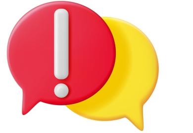 A red speech bubble with an exclamation mark, symbolising misinformation