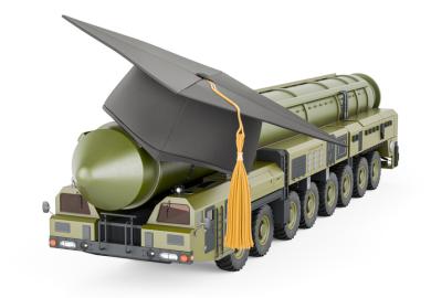 A missile with a mortar board, symbolising universities' role in national security