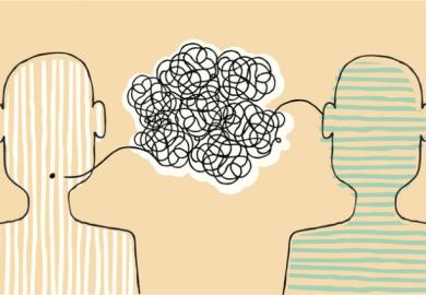 Cartoon of two people with a tangled speech bubble between them symbolising misunderstanding