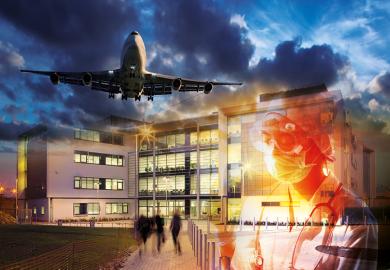 Montage of a college building, aeroplane and scientist as an illustration of the carbon footprint of universities