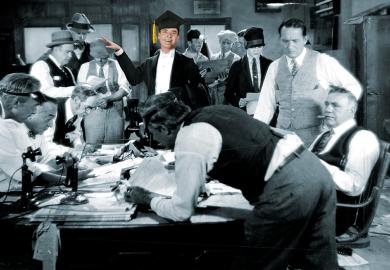 Vintage newsroom with academic in the centre symbolising conflict between editors and academics