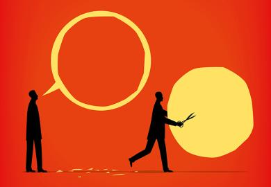 Illustration of person cutting content from speech bubble, representing demise of critical comments in journals