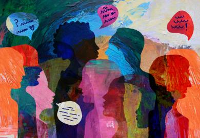 A painting of a diverse group of people overlapping, illustrating international staff