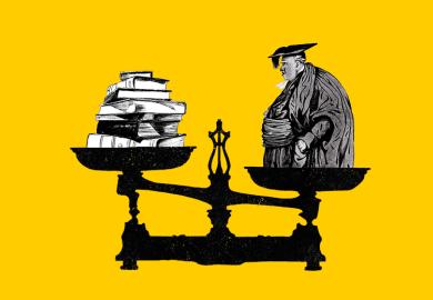 Illustration of an overweight academic on scales, weighed against a pile of books. As an illustration of measuring researchers’ output mass against their body mass, an academic BMI.