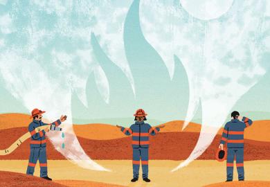 Illustration of fire fighters in a desert