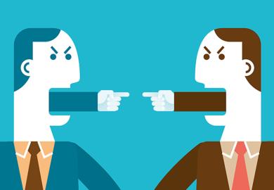 People arguing with tongues replaced with fingers pointing at each other. To illustrate that grievances are on the rise in UK universities.