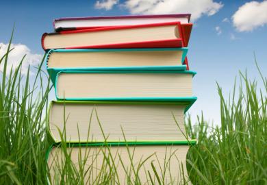 Pile of books on grass, summertime