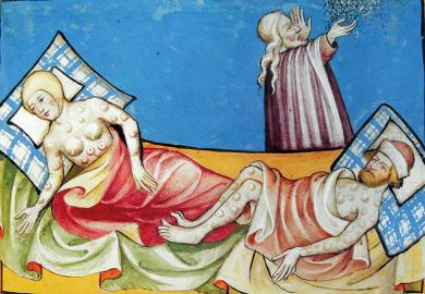 Miniature depicting a couple suffering from the blisters of the Black Death, the bubonic plague that swept Europe in the Middle Ages. From the Swiss manuscript the Toggenburg Bible, 1411.