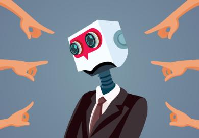 Multiple fingers point at a robot, symbolising accusations of AI use
