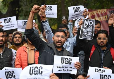 A group of students from Delhi University protesting against New UGC Rule 2026 on 28 January 2026 in New Delhi, India. The students demanded its rollback, calling the UGC Regulations “biased and divisive” and could deepen divisions on campuses.
