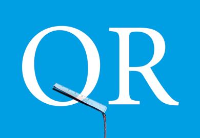 The letters QR (for quality related funding), with a test tube pouring out liquid forming part of the Q