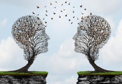 Birds fly between heads shaped like trees