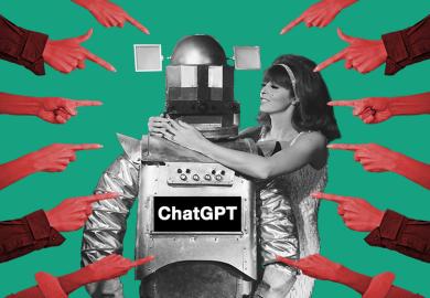 Woman hugging a robot while accusing fingers point at them. To illustrate that despite warnings against the use of AI, it has an ability to enhance research in all subjects.