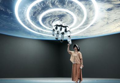 A woman touching a giant robot hand that looks like it is coming from the centre of a storm. To illustrate whether universities embracing AI is undermining their net-zero targets.