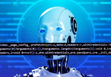 Robot with computer code over its mouth, illustrating AI censorship.