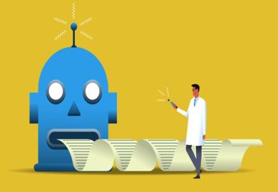 A robot spews out writing, illustrating AI in academic publishing