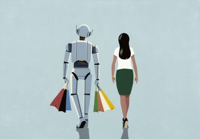A robot carries a woman's bags, symbolising AI assistance