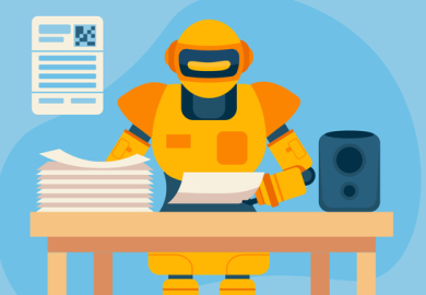 A robot going through a pile of papers, symbolising marking exams by AI