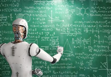 A robot doing mathematics at a blackboard 