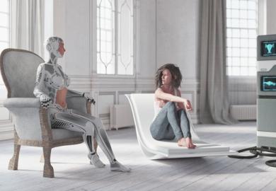 A robot talks to someone on a couch, illustrating AI's therapeutic use