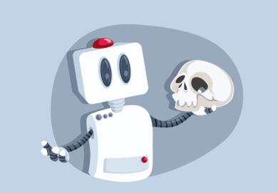 A robot holds a skull like Hamlet, symbolising humanities in the digital era