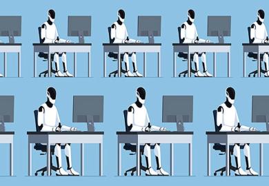 Many robots working on computers, illustrating standardised peer reviews produced by AI