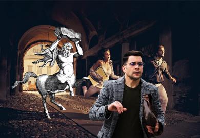 A centaur chasing academics who are afraid. The amalgamation of disparate disciplines (symbolised by the centaur) into larger administrative units is prompting fears about academic identity, voice and workload.