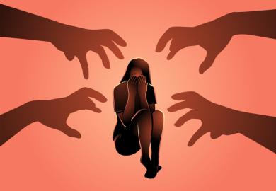 Hands grab at a terrified woman symbolising sexual violence