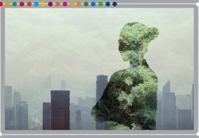Person standing in contemplation in silhouette with nature and background of smog in urban city. To illustrate inner skills needed for sustainable development.