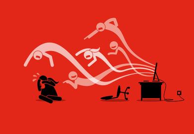 Illustration of harassment and bullying coming from a computer screen. To illustrate the anti-woke campaigners’ attack playbook.