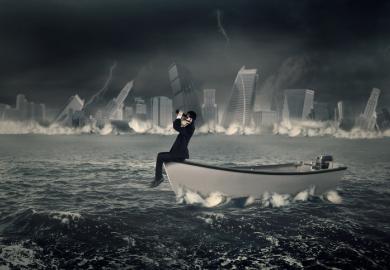 A man in a boat views a storm through binoculars as buildings fall behind him, symbolising social media storms