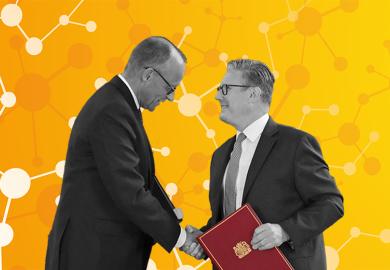 Britain’s prime minister Keir Starmer (R) and German chancellor Friedrich Merz (L) shake hands during a ceremony for the signing of a bilateral cooperation treaty in London, 17 July 2025, with science network background illustrating research collaboration