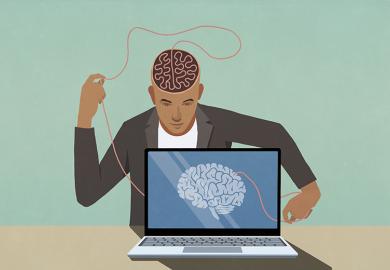 Student with brain unravelling in to a brain on a computer screen. To illustrate the increased use of AI by students, outsourcing their brain to the internet.