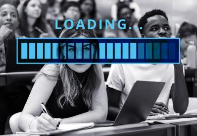 Student in a lecture with a computer loading bar superimposed. To illustrate AI use among students when answering questions, leading some academics to despair at a dystopian near-future in which learning becomes a pointless sham.