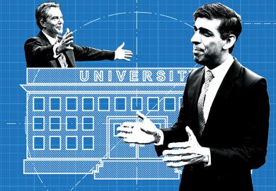 Montage showing Blair behind a university, Sunak in front of it
