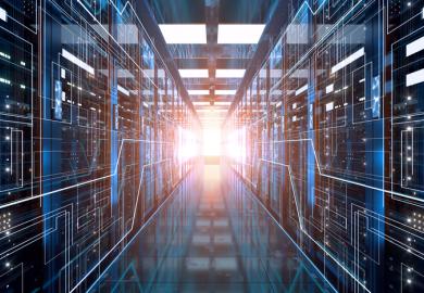 An aisle of computer server racks with light at the end, symbolising long-term vision