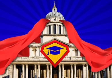 The Old Royal Naval College building, University of Greenwich, represented as a superhero wearing a cape. As an illustration of a superuniversity.