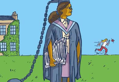 Illustration of woman with ball and chain attached to mortar board