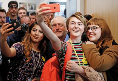Jeremy Corbyn, the leader of Britain's opposition Labour Party, poses for selfies at a campaign event in Leeds, May 10, 2017