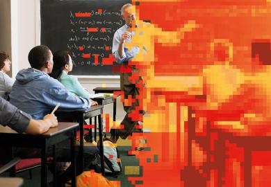 Lecturer in classroom, half pixelated