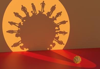 Illustration of coronavirus casting a shadow, with people standing around the virus.